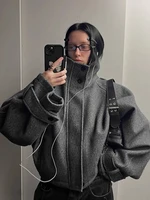 FSMG Vintage ample col montant manteau en laine pour les femmes décontracté solide manches longues chaud recadrée pardessus mode haute rue vêtements d'extérieur 1