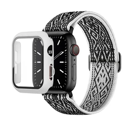 Elastic Nylon Loop Bracelet with Scrunchie Strap for Apple Watch with Case Combo (Bohemia white)