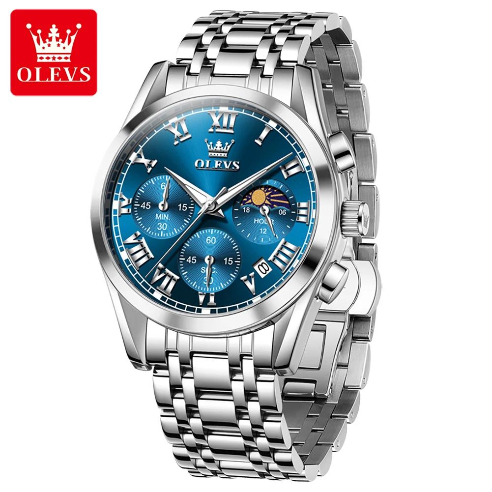 OLEVS 2871 Men's Watches Solid Steel Strap Luxury Original Quartz Wrist Watches For Man Waterproof 24 Hrs Moon Phase Chronograph