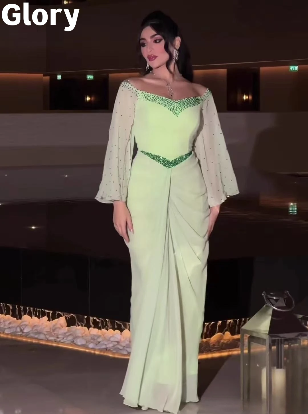 

Green Beads Prom Dresses 2023 Flare Sleeves Mermaid Chiffon Arabia Fashion Women's Evening Dresses Formal Occasion Party Gown