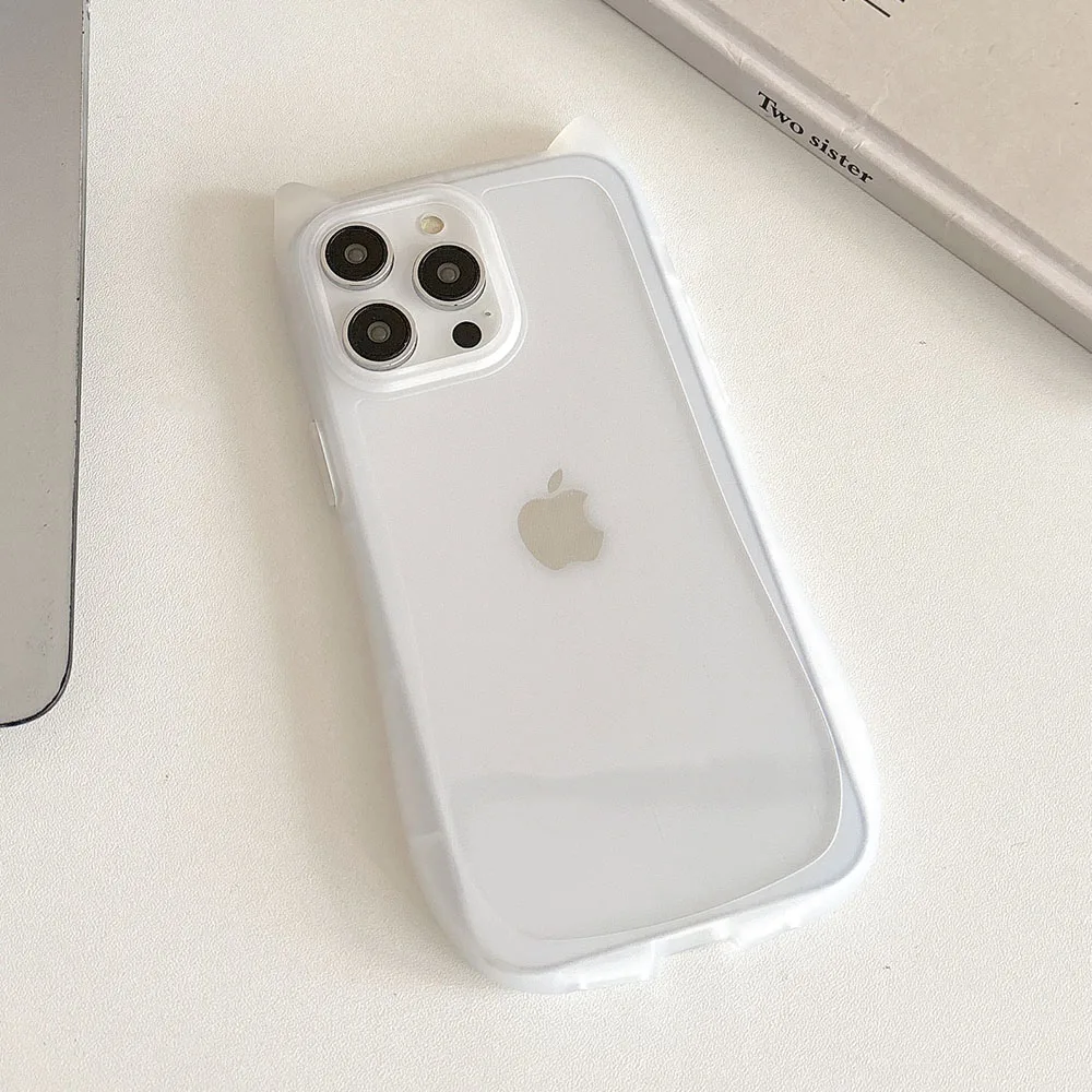 3D Cute Cartoon Cat Ears Shockproof Phone Case - Transparent Soft Matte Shell