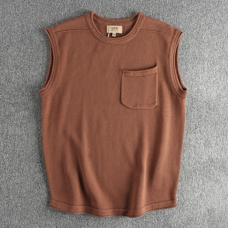 America Style Simple Pocket Men's Waistcoat Fall Winter Retro Versatile Casual Sleeveless Knitted Sweater Solid Color Basic Tops