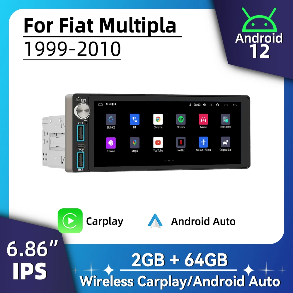 

Автомобильный мультимедийный плеер на Android, экран 6,86 дюйма, для Fiat Multipla 1999-2010, Типоразмер 1 Din, радио, стерео, головное устройство, Carplay, Авторадио, GPS-навигация, BT