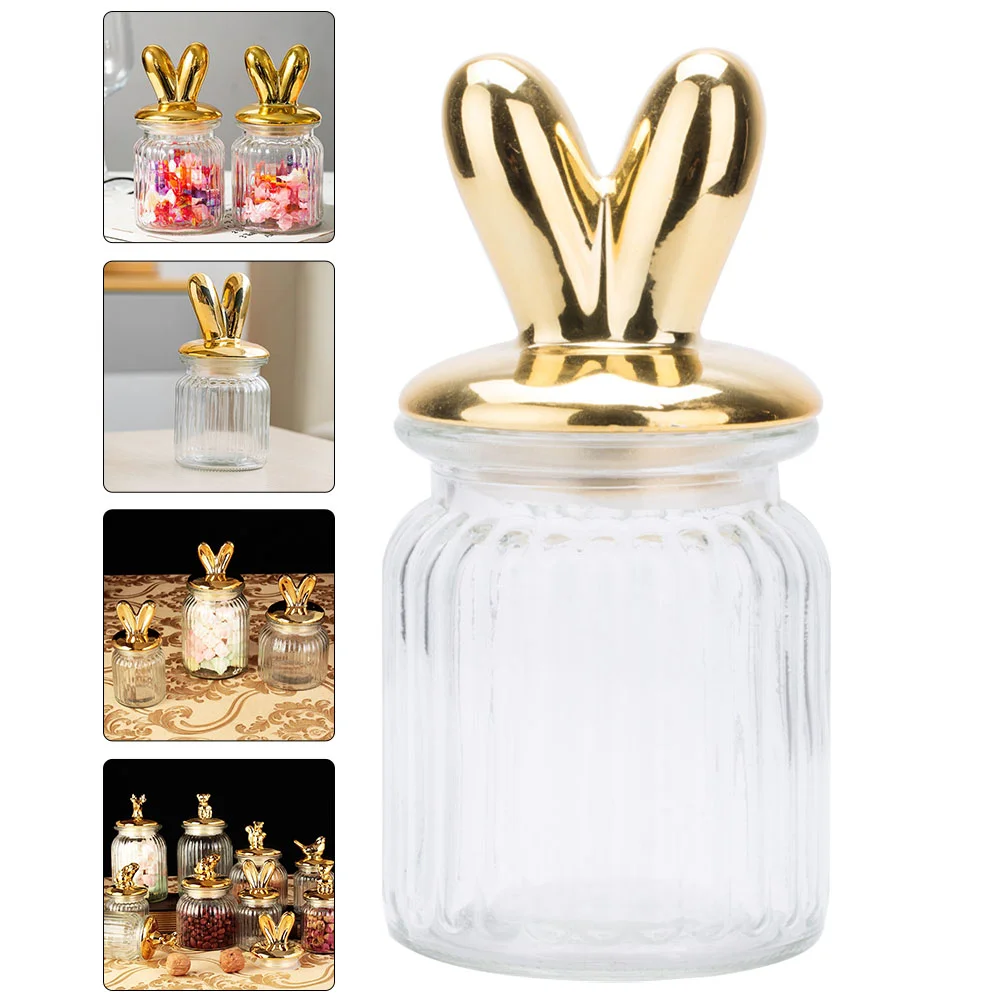 

Glass Storage Jars with Rabbit Ear Lid Candy Jar Sugar Holder Cookie Biscuit Container Snack Storage Canisters for Home Kitchen