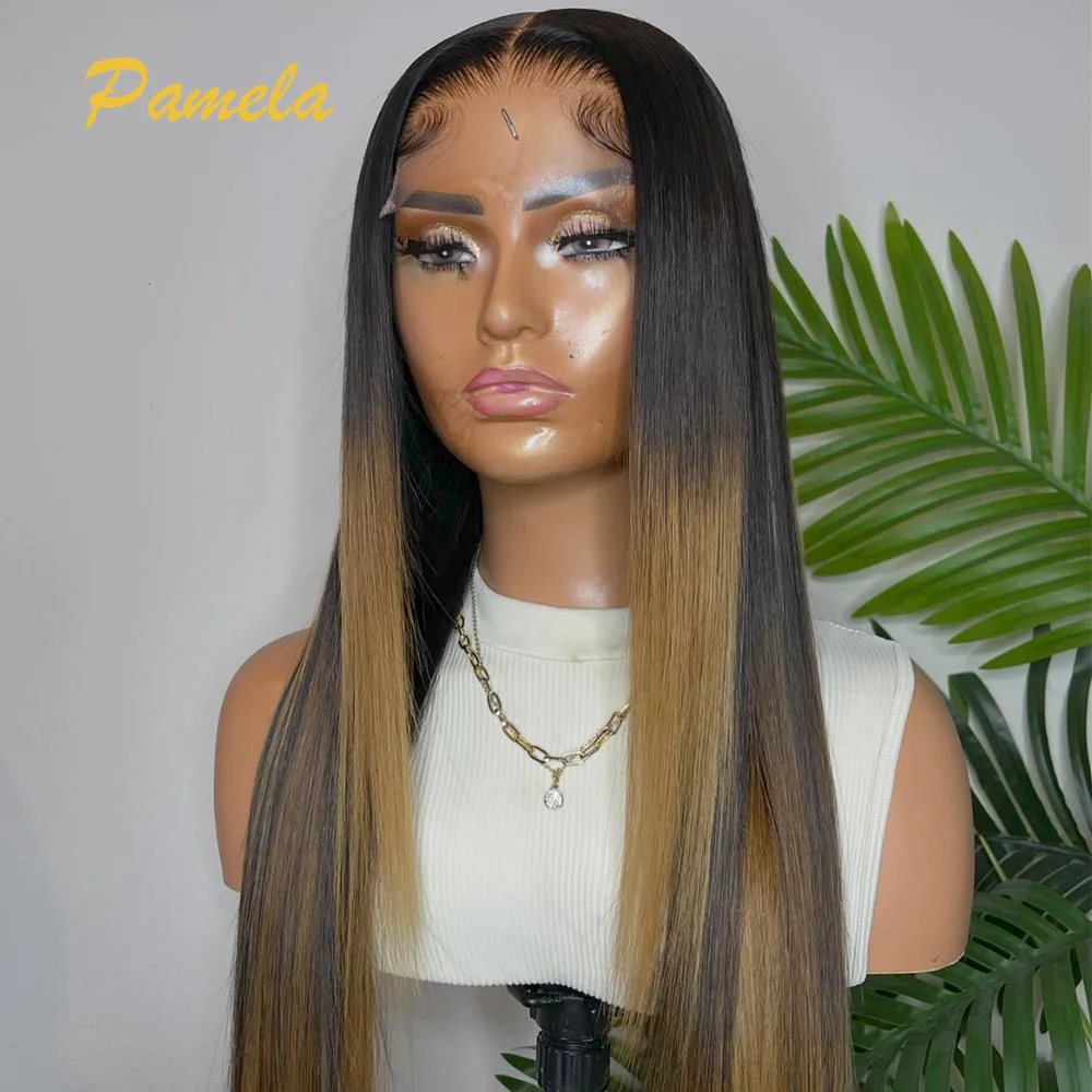 Double Drawn 250% Density Bone Straight 13x6 Transparent Front Lace 1B/27 Color Pre Plucked Wear And Go Brazilian Human Hair Wig