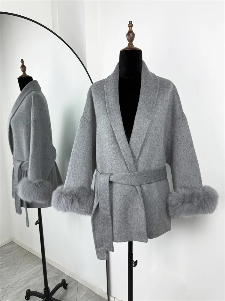 Tossy Fox Fur Wool Overcoat Women's Short Coat Office Lady Elegant