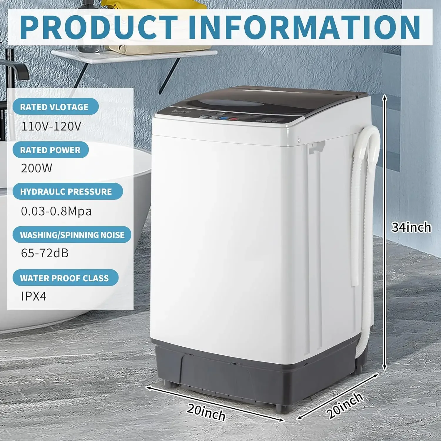 Full Automatic Washing Machine, 17.6Lbs Top Load Portable Washer with Drain Pump, 10 Wash Programs 8 Water Level Washer a 2
