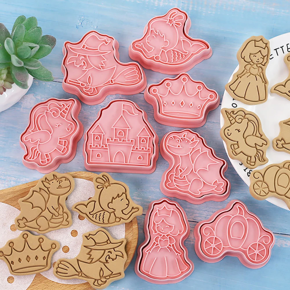 8pcs/set Fairy Tale Cookie Cutters 3D Plastic Biscuit Mold Cookie Stamp DIY Fondant Cake Mould Kitchen Baking Pastry Bakeware