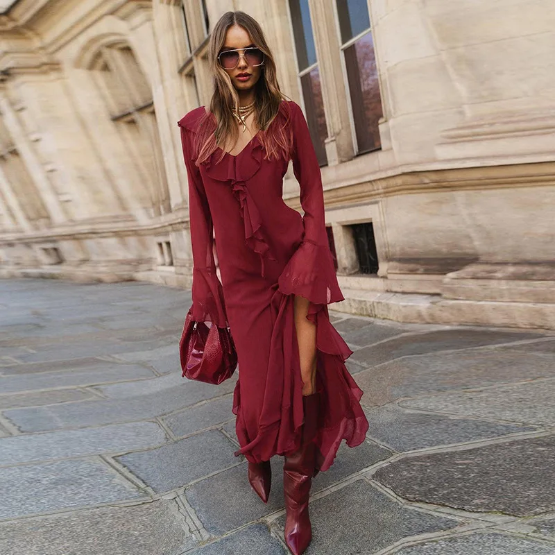 Fashion Mesh Ruffled Long Dress Women's V-Neck Loose High Waist Patchwork Elegant Party Dress Female Autumn Maxi Dress New