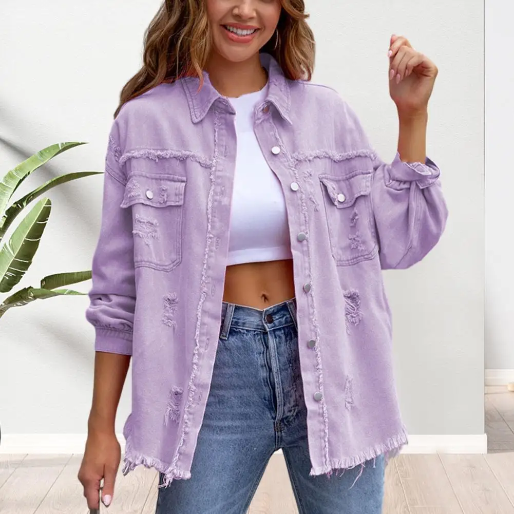 

Women Pocket Hole Tassel Turndown Collar Denim Button Casual Boho Full Long Sleeve Spring Winter Cardigan Jacket Coats Outerwear