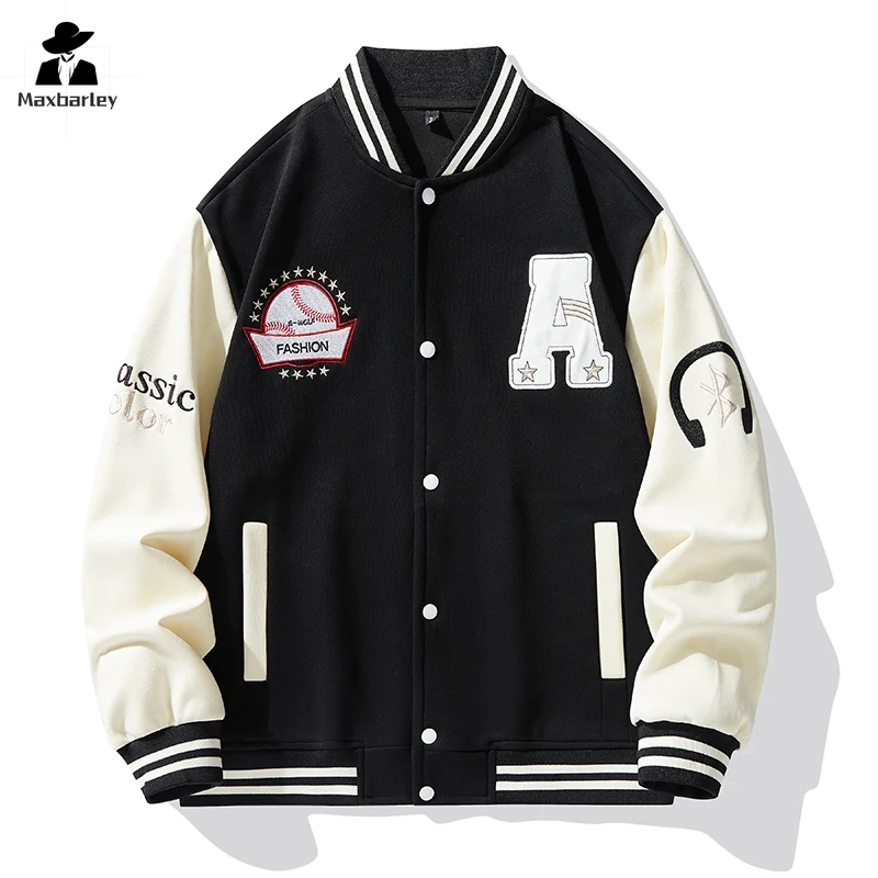 Hip Hop Bomber Jacket Men's Retro Embroidered Long Sleeve Baseball Suit Coat Street Y2K Women's Stitching Casual Jacket Spring