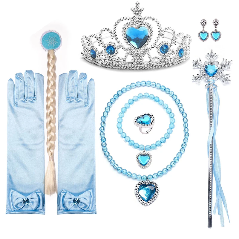 Elsa Princess Accessories Gloves Wand Crown Jewelry Set Elsa Wig Necklace Braid for Princess Dress Clothing Cosplay Dress UP