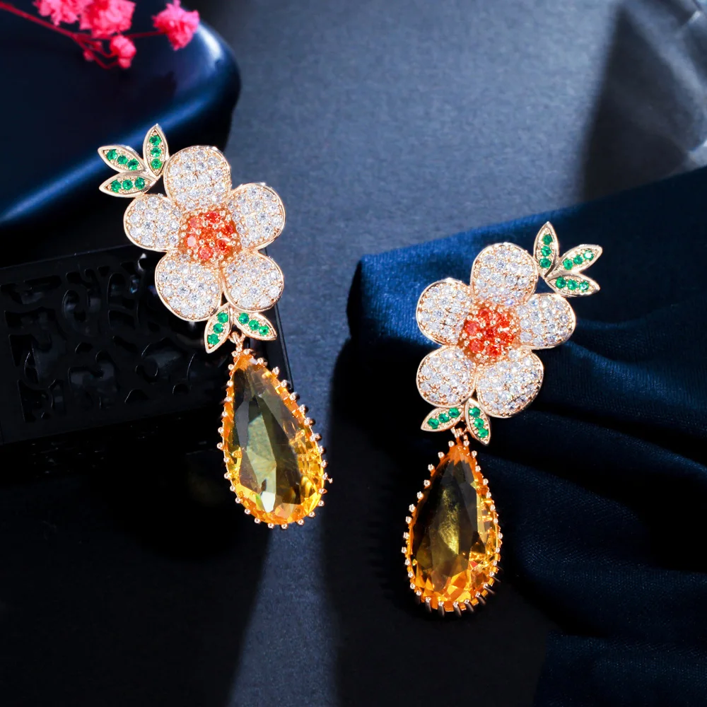 ThreeGraces Exquisite Yellow Cubic Zirconia Stone Flower Shape Long Drop Earrings for Women Luxury Bridal Party Jewelry E1439