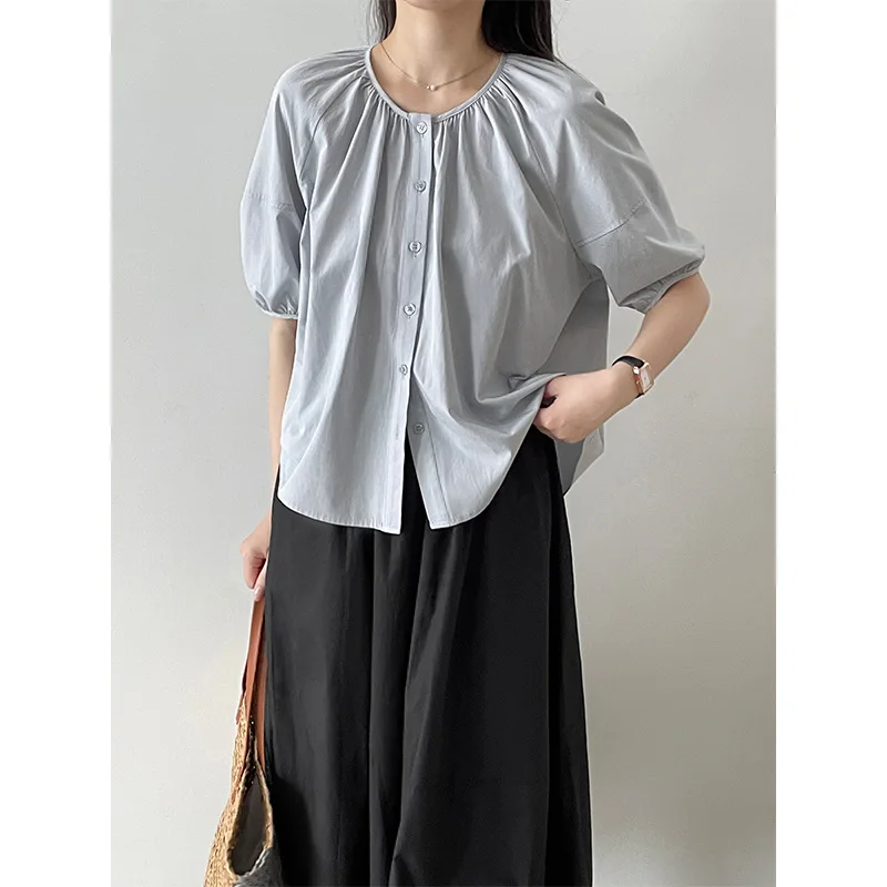 

Японская рубашка с круглым вырезом и пузырьковыми рукавами, Маленькая женская однобортная Свободная Повседневная рубашка для снижения возраста