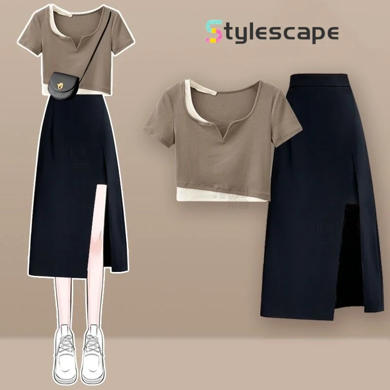 Summer New Short Sleeved Top Splicing Design Feels Slim and Tall, Black Split Half Skirt Women's Two Piece Set