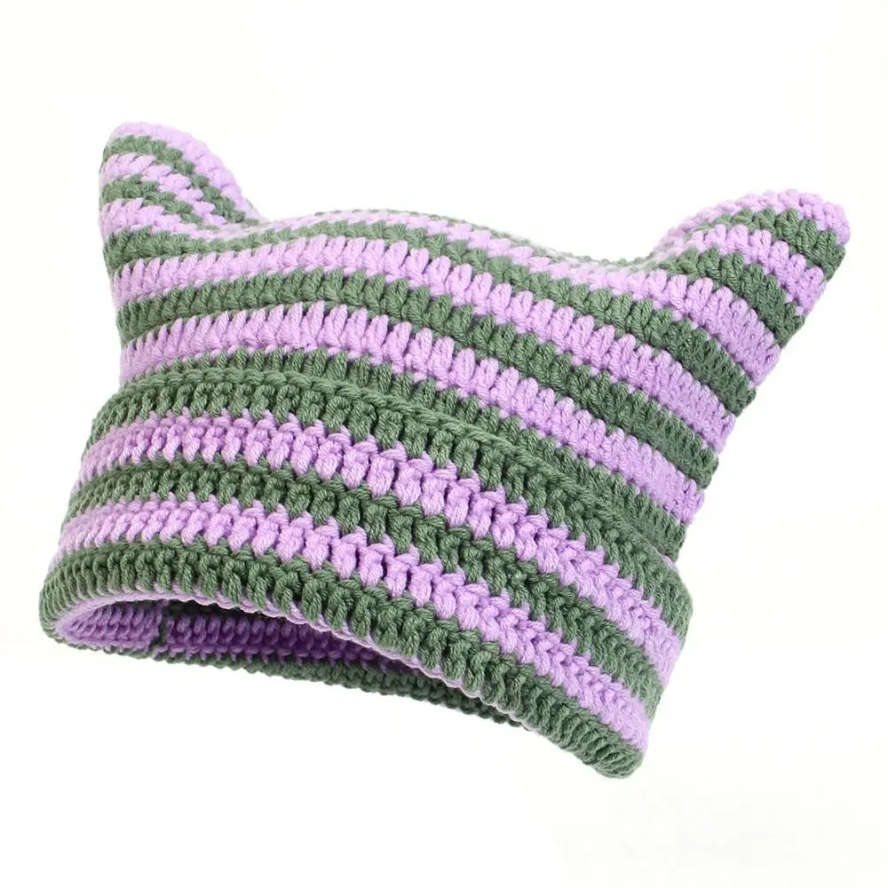 Lässige Niedliche Katzenohren Japanische Beanie-Mütze Wärmend Punk Gothic Gestrickte Wollmütze Unisex Y2K Harajuku Skullies-Mütze Gestreifte Mütze – Detail 7