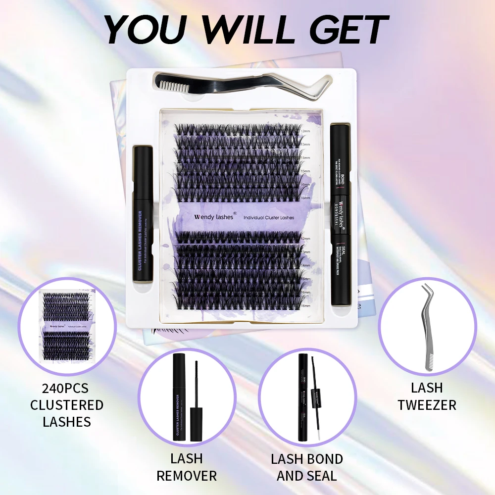 Wendy Lashes DIY Clusters Eyelash Kit Rapid Grafting Eyelash With 2in1 Lash Bond&Seal And Lash Glue Remover Tweezer Tool fake eyelashes lash extension kit eyelash set brow and lash kit