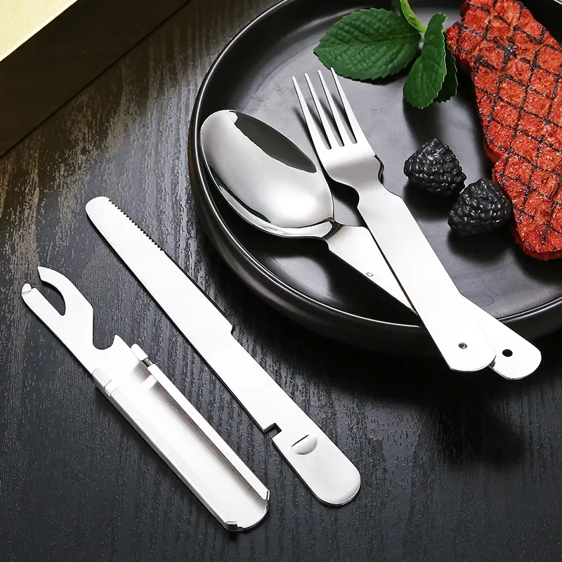 Steel Removable Knife Fork and Spoon Set Western Knife Bottle Opener Portable Outdoor Camping Storage Tableware Four-piece Set