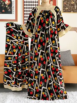 2023 High Grade Custom Women Party Dress Big Scarf Cotton Rose Printed Loose Floral Boubou Maxi Islam Women Short Sleeve Abaya 1