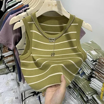 صدرية جديدة ملابس نسائية مخططة بحافة واسعة قميص صيفي قصير متماسك بدون أكمام 5