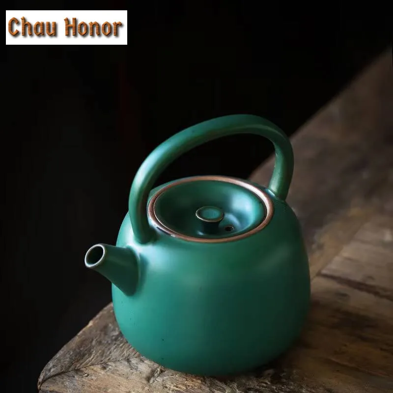 480ml Japanese Style Turquoise Coarse Ceramic Handle Beam Pot Large Household Kung Fu Tea Set Tea Ceremony Tea Making Pot Gift
