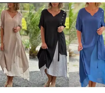 

Solid Color Cotton Linen Dress Women Spring O Neck Loose Irregular button Boho Dress Summer Short Sleeve Long Party Dress Mujer