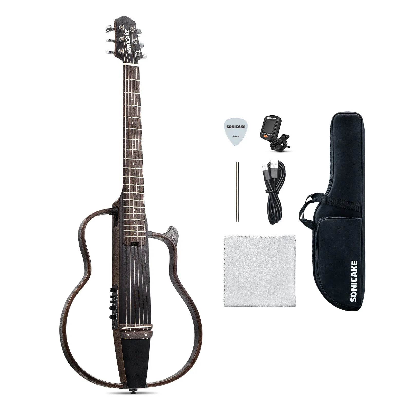 SONICAKE Silent Acoustic Electric Travel Guitar Solid Mahogany Body Assembly Frames Rechargeable Pre-amp Gig Bag All Accessories