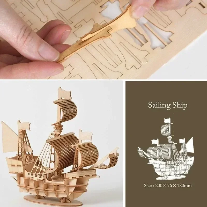 Wooden 3D Puzzle Toy Assembly Kit - DIY Sailing Ship, Train, and Airplane Desk Decor