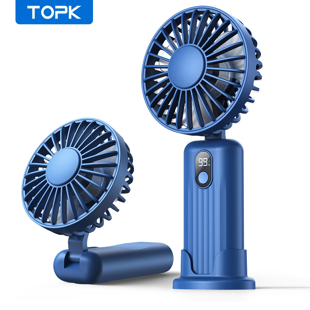 TOPK 5000mAh Mini Portable Fan USB Rechargeable Hand Held Fan,Small Pocket Fan 3 Speeds with Lanyard &Base,USB Desk Fan Foldable