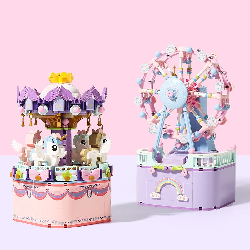 

Carousel Building Blocks Ferris Wheel Music Box Blocks Cute Unicorn Bricks Assemble Toy Amusement Park Toys Kids Birthday Gift