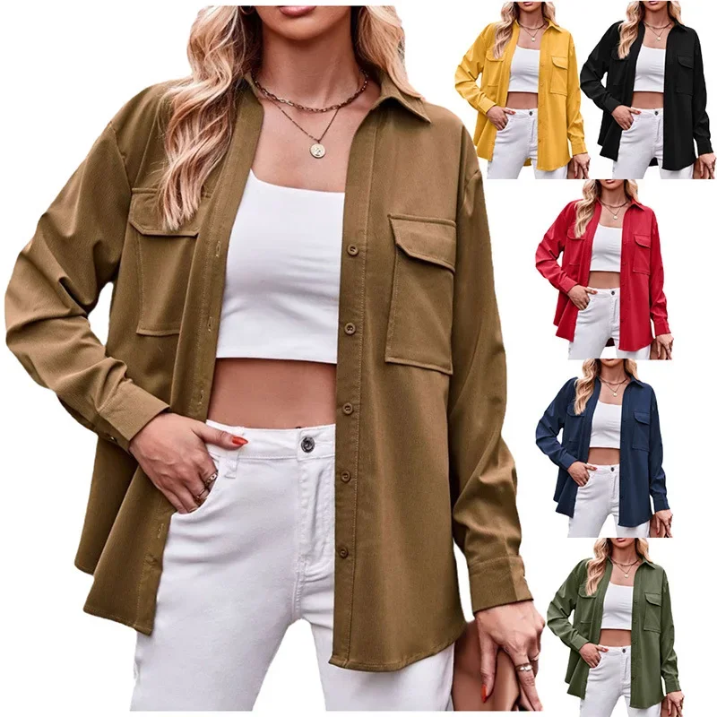 

2024 Autumn/Winter New Comfortable and Casual Double Pocket Solid Color Single breasted Long sleeved Shirt for Women YBF35-3