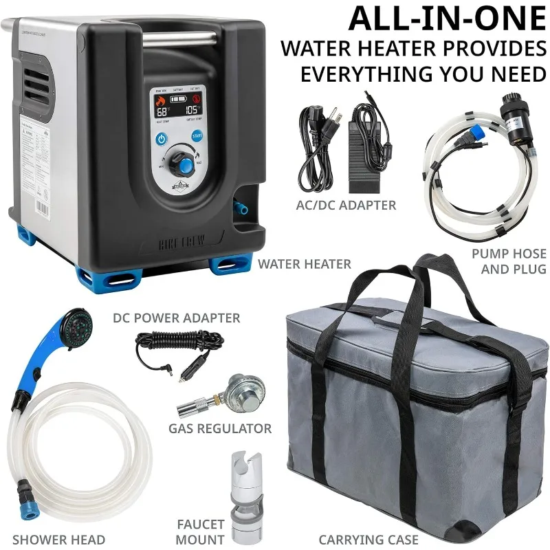 Hike Crew Portable Propane Water Heater & Shower Pump w/Built-in Battery Compact Outdoor Cleaning & Showering System w/LCD