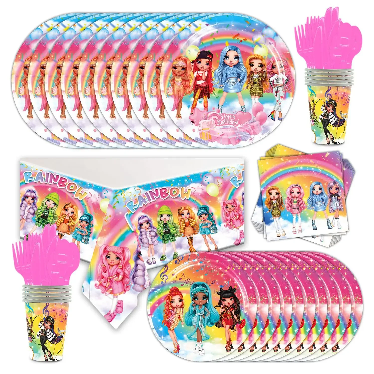 thumbnail image 3 of Cubiertos para fiesta de cumpleaños de Rainbow High, plato, pancarta desechable, adorno para tarta, bandera colgante, globos, juego de decoraciones de fondo de cumpleaños, 3 of 3