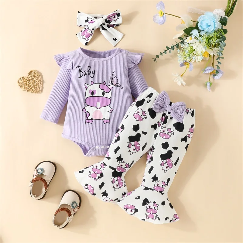 

Baby Girl Fall Outfits Letter Cow Print Crew Neck Long Sleeve Rompers Flare Pants Headband 3Pcs Clothes Set