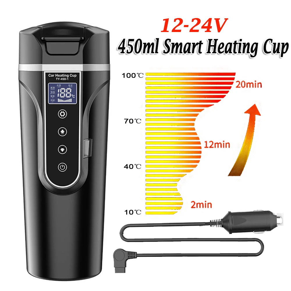 

12V-24V Portable Car Heating Cup 304 Stainless Steel Water Warmer Bottle Car Kettle Coffee Milk Mug LCD Display Temperature
