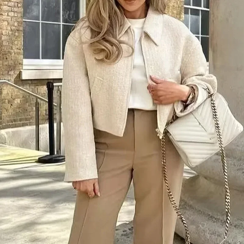 Women's Jackets rfzatrafins Coat Outwear Long Sleeve Tops Solid With Zipper Jacket Ladies Casual Cropped Coat For Women Bombers