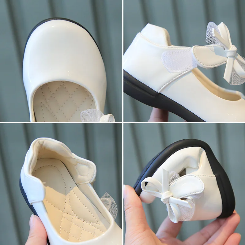 Black Leather Girls Wedding Flats with Bow-knot Lace