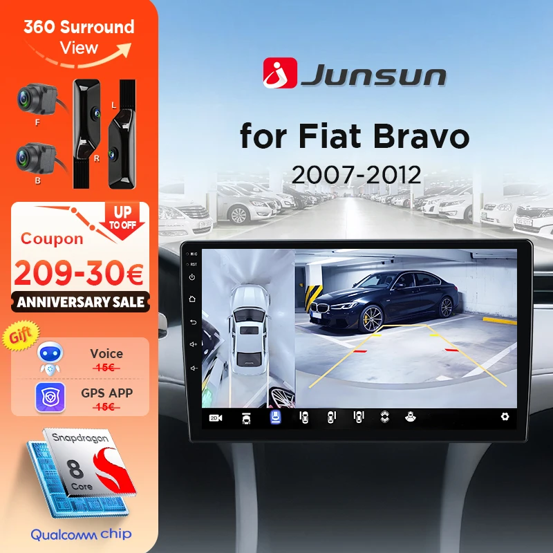 Junsun 360 ° Panorama-Kamera-Autoradio für Fiat Bravo 2007-2012, kabelloses CarPlay, Android Auto, Stereo, GPS-Navigation, RDS, 4G LTE, integrierte Cloud, eSIM, 4G