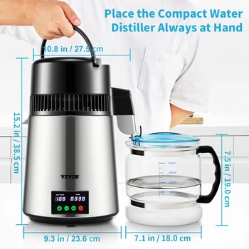 VEVOR 4L Water Distiller Purifier Filter 1 L/H Distilling Speed Dispenser Drinking Bottle Softener Touch Screen Home Appliance 6