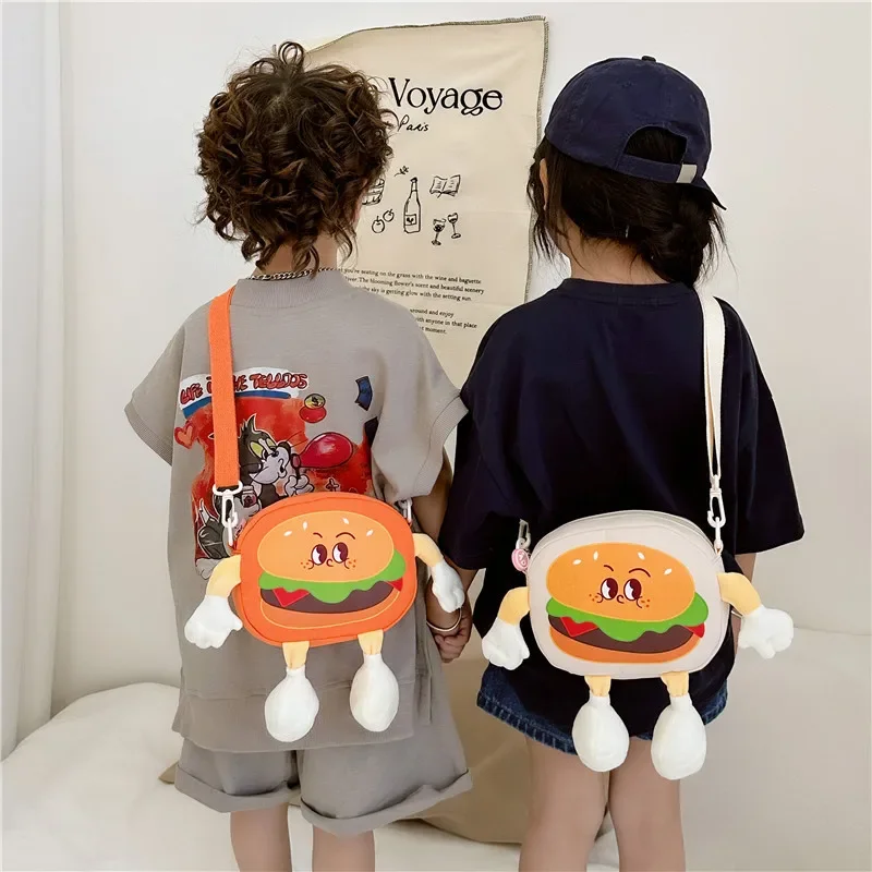 

Boys and girls cartoon canvas crossbody backpack new children's hamburger shoulder bag women funny mobile phone bag