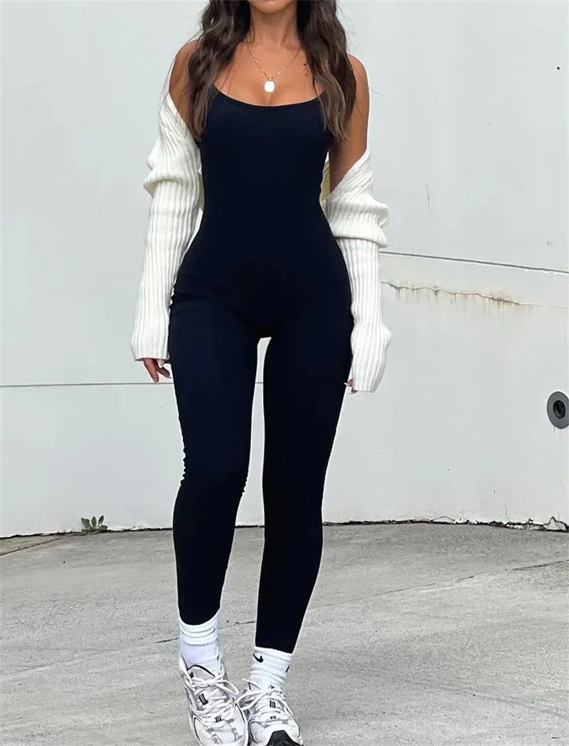 Casual Solid Knit Ribbed Skinny Slim Jumpsuits for Women Fitness Yoga Stretchy Comfortable One Piece Knitted Jumpsuit Rompers 2