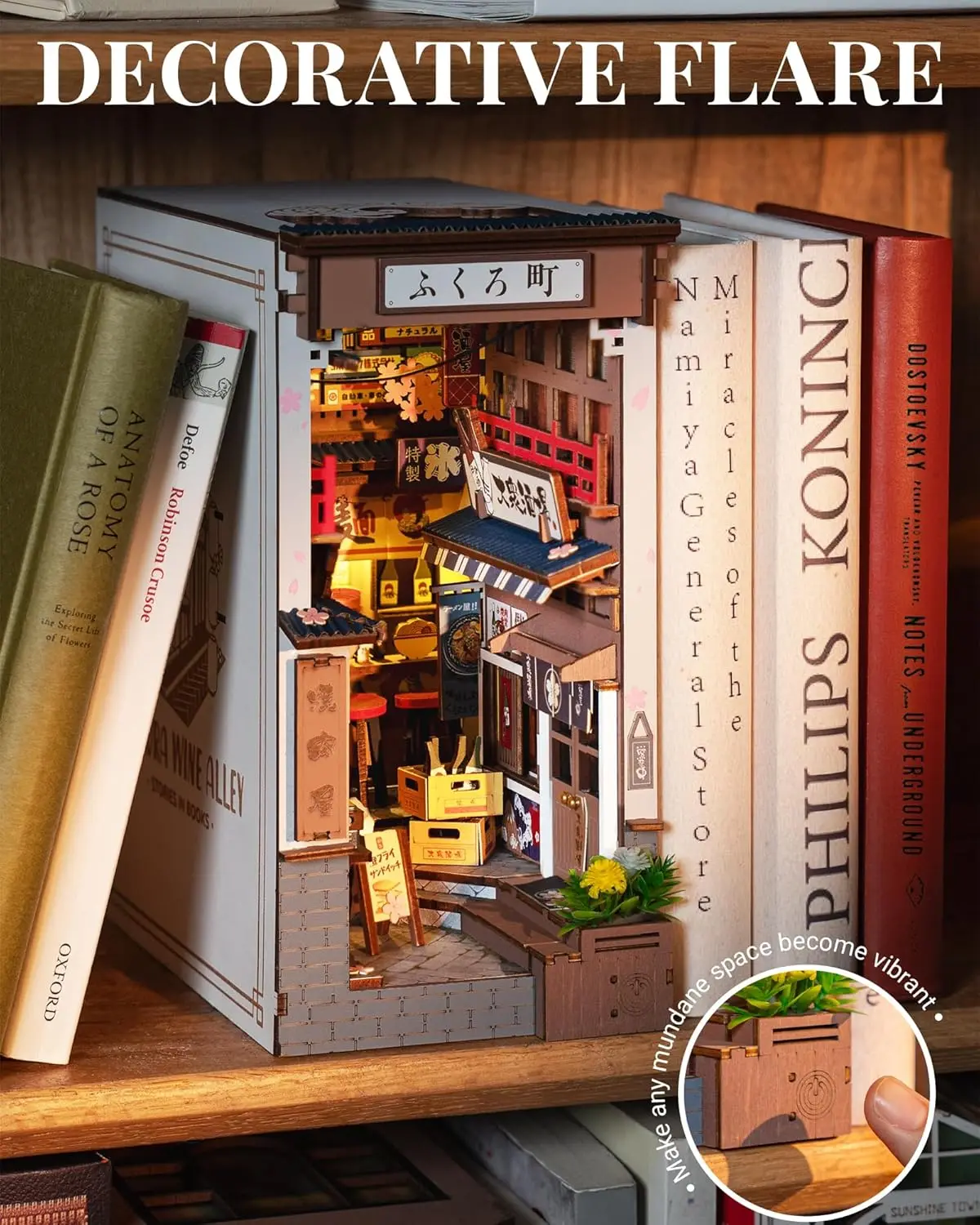 Robotime Sakura Wine Alley DIY Booknook with Lights DIY Miniature Dolls House Kit 3D Wooden Puzzle Bookend Bookshelf Decor Gift 3