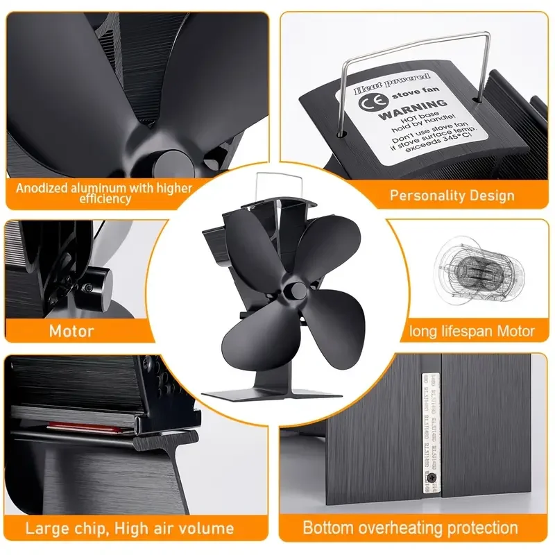 Wood Stove Fan Thermal Powered Silent Motor 4 Blade Non-Electric Thermal Activated Fireplace Fan with Stand and Thermometer