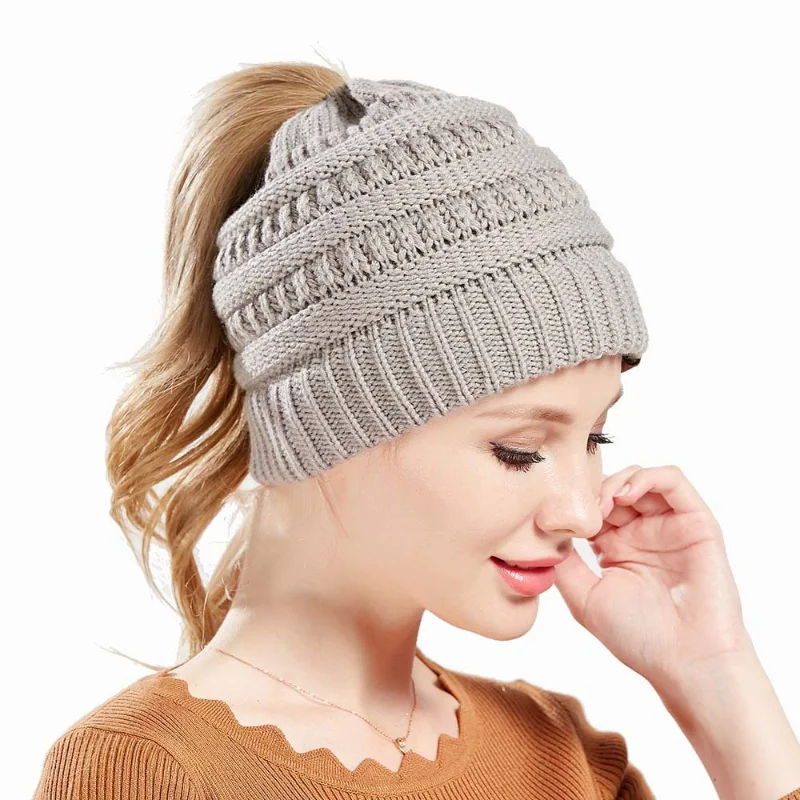 Berretto invernale da donna con foro superiore per palla da donna, berretto lavorato a maglia, cappello spesso da donna, berretti in maglia con teschio da donna_voghion.com
