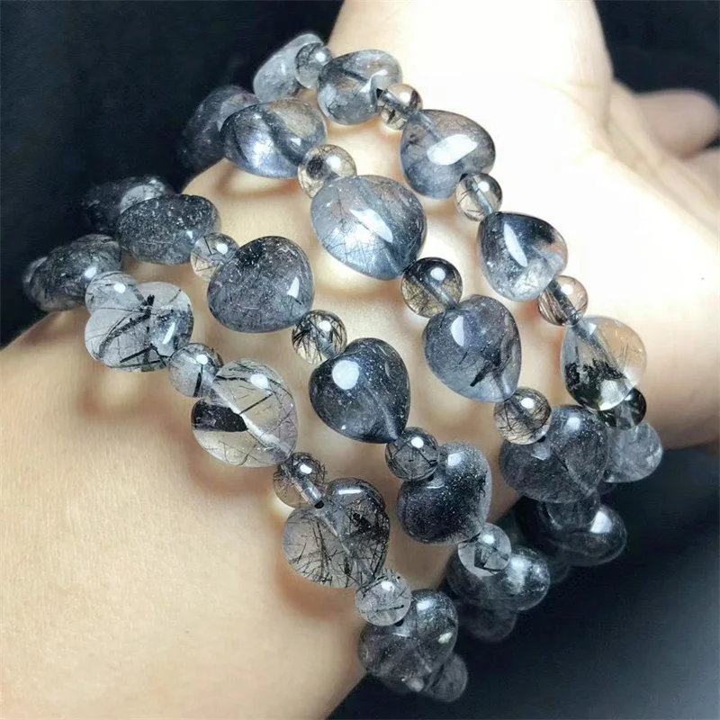 

Natural Black Rutilated Quartz Heart Bracelet Crystal Reiki Healing Gemstone Fashion Jewelry Fengshui Healing Gift For Women