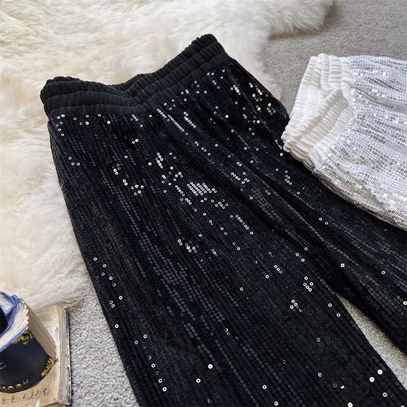 2023 Spring Summer New Y2K Solid Color Sequined Loose Casual Fashion Wide Leg Trousers Women Elastic Waist Shiny Straight Pants