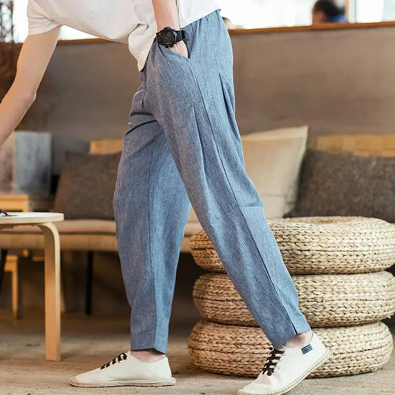 Chinese Style Loose Cotton Casual Haren Pants Men's Solid Elastic Waist Drawstring Pocket Patchwork Thin Trend Straight Trousers