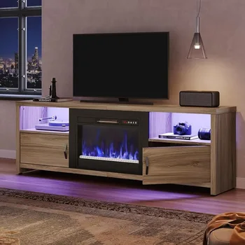 Fireplace TV Stand with LED Lights, 70 Inch Entertainment Center with Storage Cabinets for TVs Up to 80 1