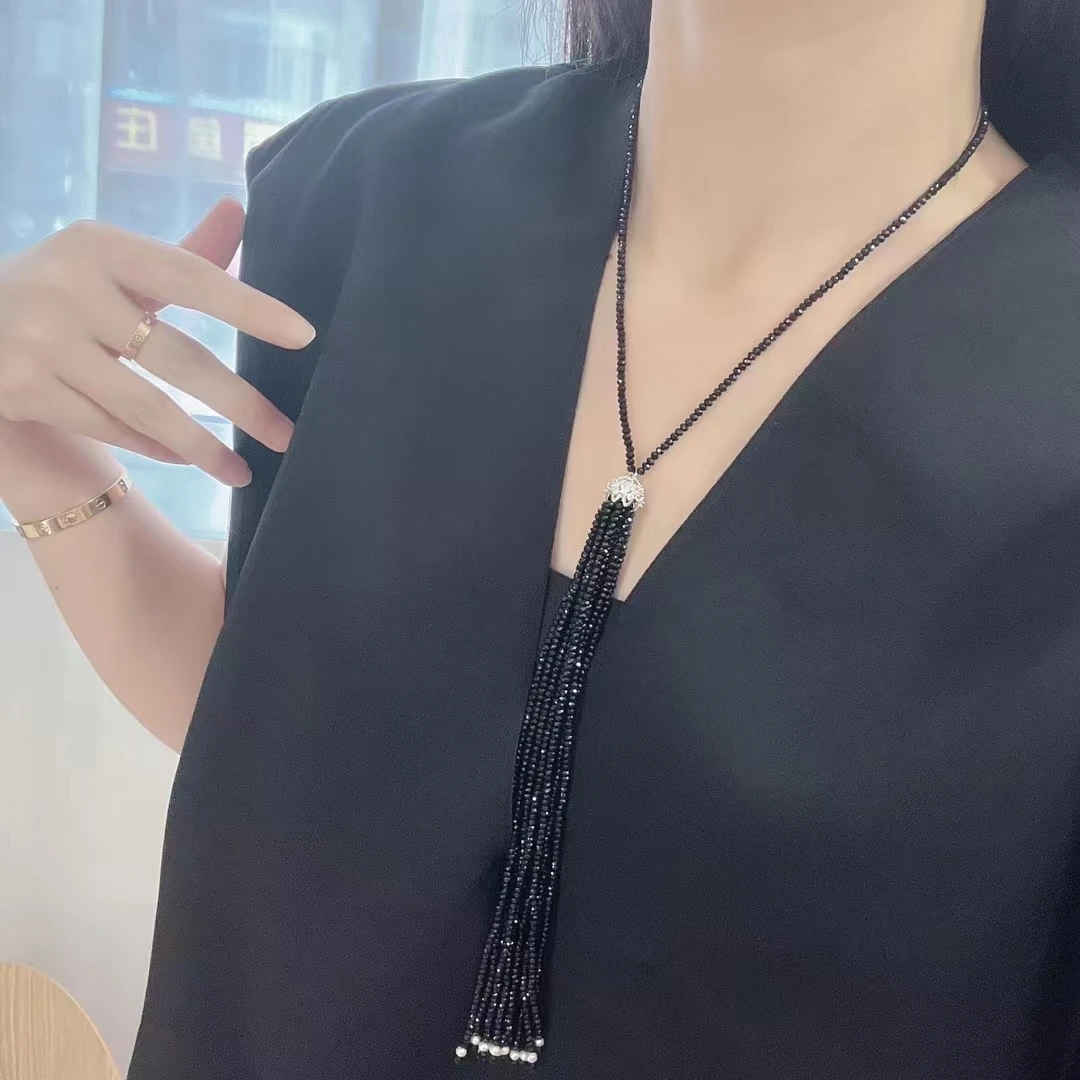 Natural Black Crystal Necklace Handmade long Necklace