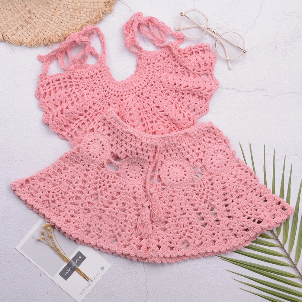 DIY European and American Fashion Handwoven Hollow Suspender Tank Top Short Skirt Girls' Split Swimwear Set